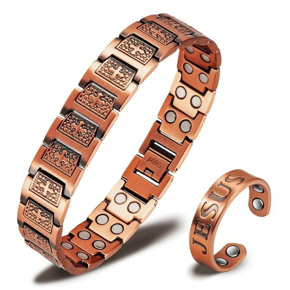 Wollet Men's Cross Copper Magnetic Bracelet, 8.46 inches. Copper Jewelry Set
