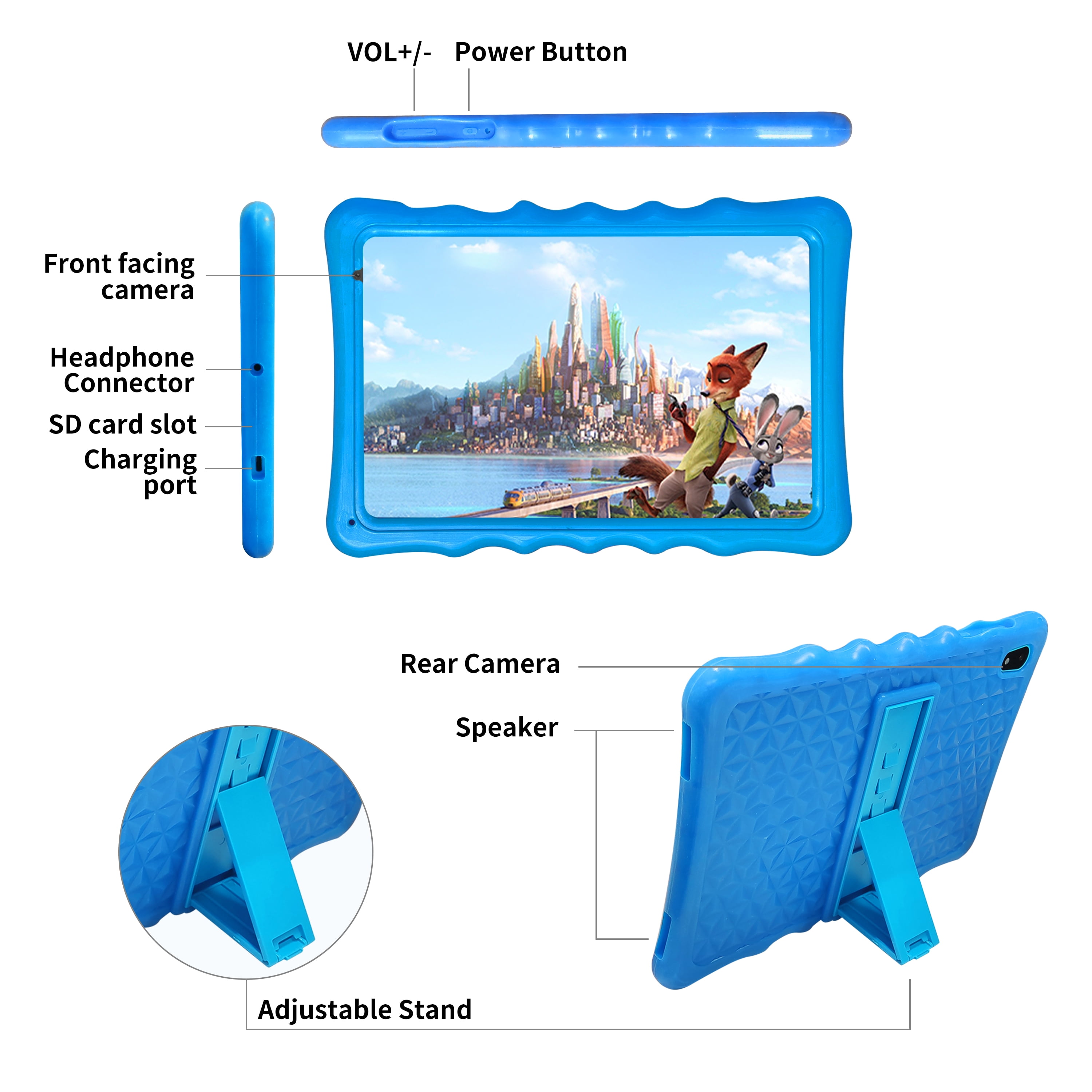 BYYBUO A70W 10.1 Inch Kids Tablet, 64GB, Android 13, WiFi, Bluetooth, Blue