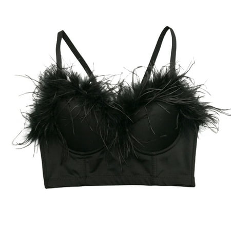 

Women Sexy V-Neck Backless Bustier Bra Feather Trim Push Up Club Corset Camisole