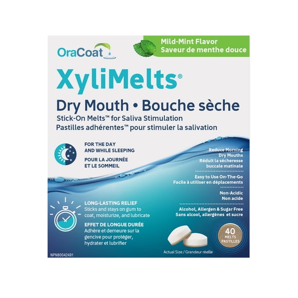 XyliMelts Mild Mint Bouche sèche Pastilles adhérentesTM pour stimuler la salivation.POUR LA JOURNÉE ET LE SOMMEIL.EFFET DE LONGUE DURÉE Adhère et demeure sur la gencive pour protéger, hydrater et lubr