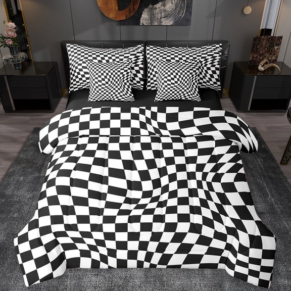 Manfei Geometric Plaid Grid 7-Piece Twin Bedding Sets,Abstract Classic Checkerboard Bedding Comforter Set,White Black Check Sheet Sets For Boys Girls,Breathable Home Decor Reversible