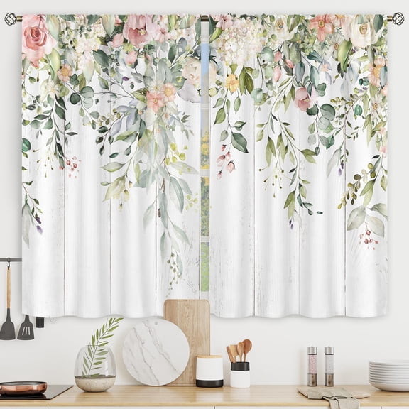 Green Eucalyptus Floral Farmhouse Kitchen Curtains Leaves Short Small Wood Plank Rod Pocket Flowers Plants Botanical Bathroom Bedroom Living Room Treatment Fabric 2 Panels 27.5Wx39H Inch