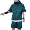 thumbnail image 2 of Xioeram 2Pcs/Set Men Casual Outfit Hooded Zipper Neckline Short Sleeve T-shirt Elastic Waist Wide Leg Shorts Set Solid Color Loose Fit Outfit, 2 of 8