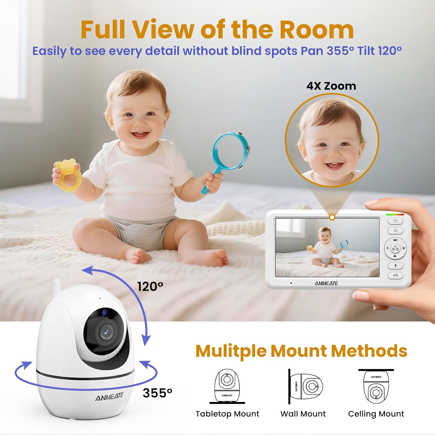 5" HD Video Baby Monitor with Camera and Audio - No WiFi, 48H Battery Life,720P Remote Pan Tilt Zoom, Two-Way Talk, Night Vision, Thermal Room Monitor, Lullabies & White Noise, 1000ft Range