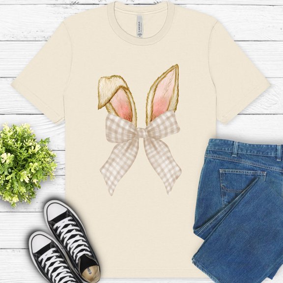 Bunny Ears Bow T-Shirt, Neutral Gingham Ribbon Spring Graphic Tee, Natural, S