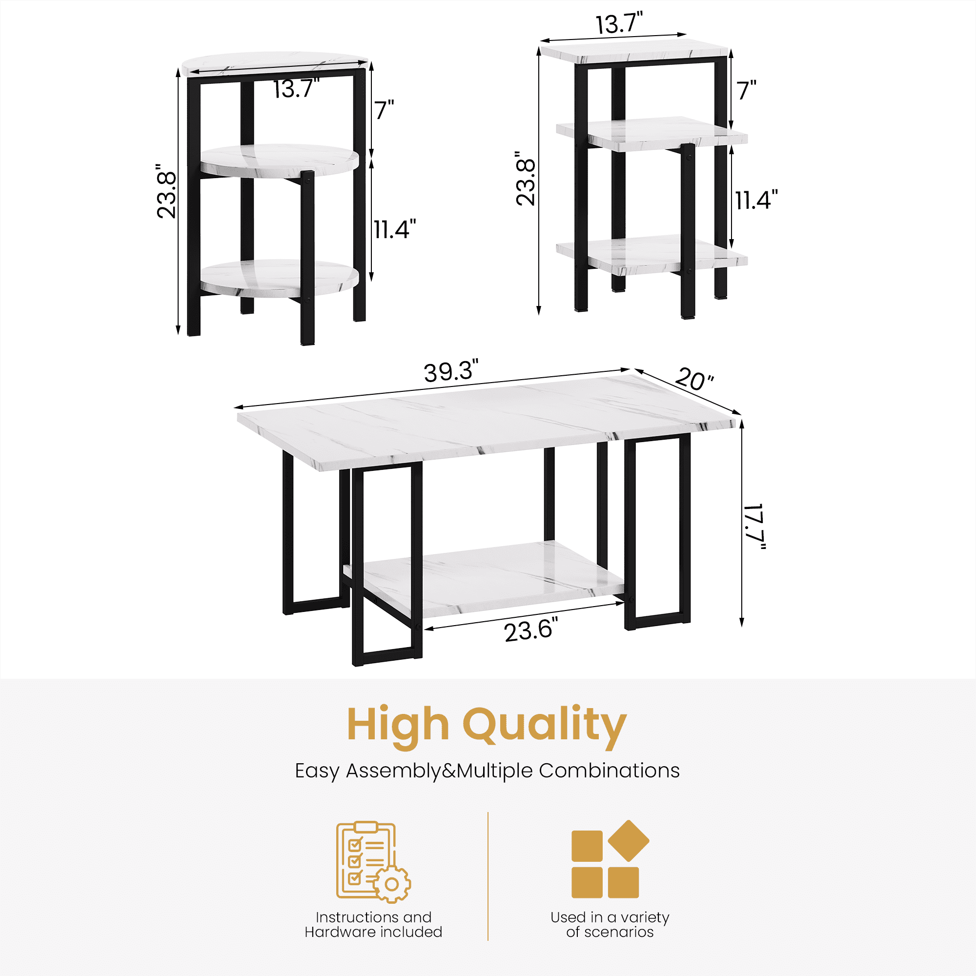 Baxluxe 3 Pieces Faux Marble Table Set, Modern Rectangle Coffee Table with 2 Side Table, Faux Marble Tabletop and Metal Frame, 3 Pieces Table Sets for Living Room, Apartment, White & Black