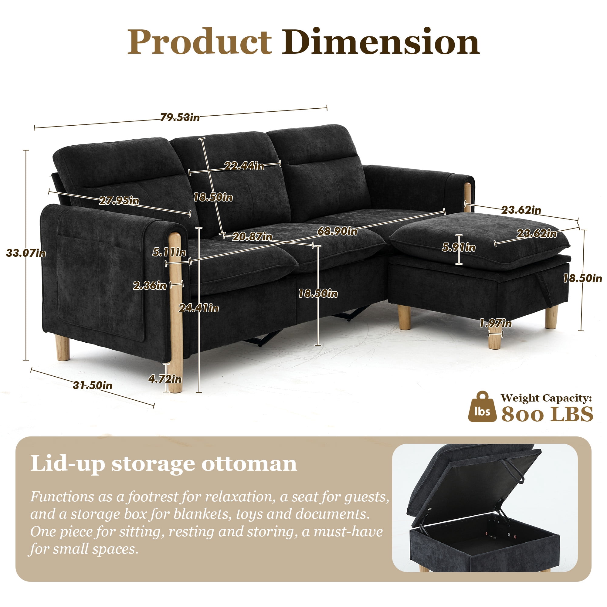 Villeston 3-Seat Sectional Sofa with 1 Ottomans,L Shaped Sofa Couch with Storage Ottomans and Side Pockets, Oversized Modern Chenille Sofa Couch for Living Room,Black