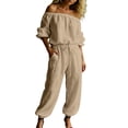 thumbnail image 2 of BESEW7 Off Shoulder Jumpsuits for Women, Summer Casual Loose Rompers with Pockets Roll Up Sleeve Elastic Waist for Daily Beach Vacation Khaki XL, 2 of 7