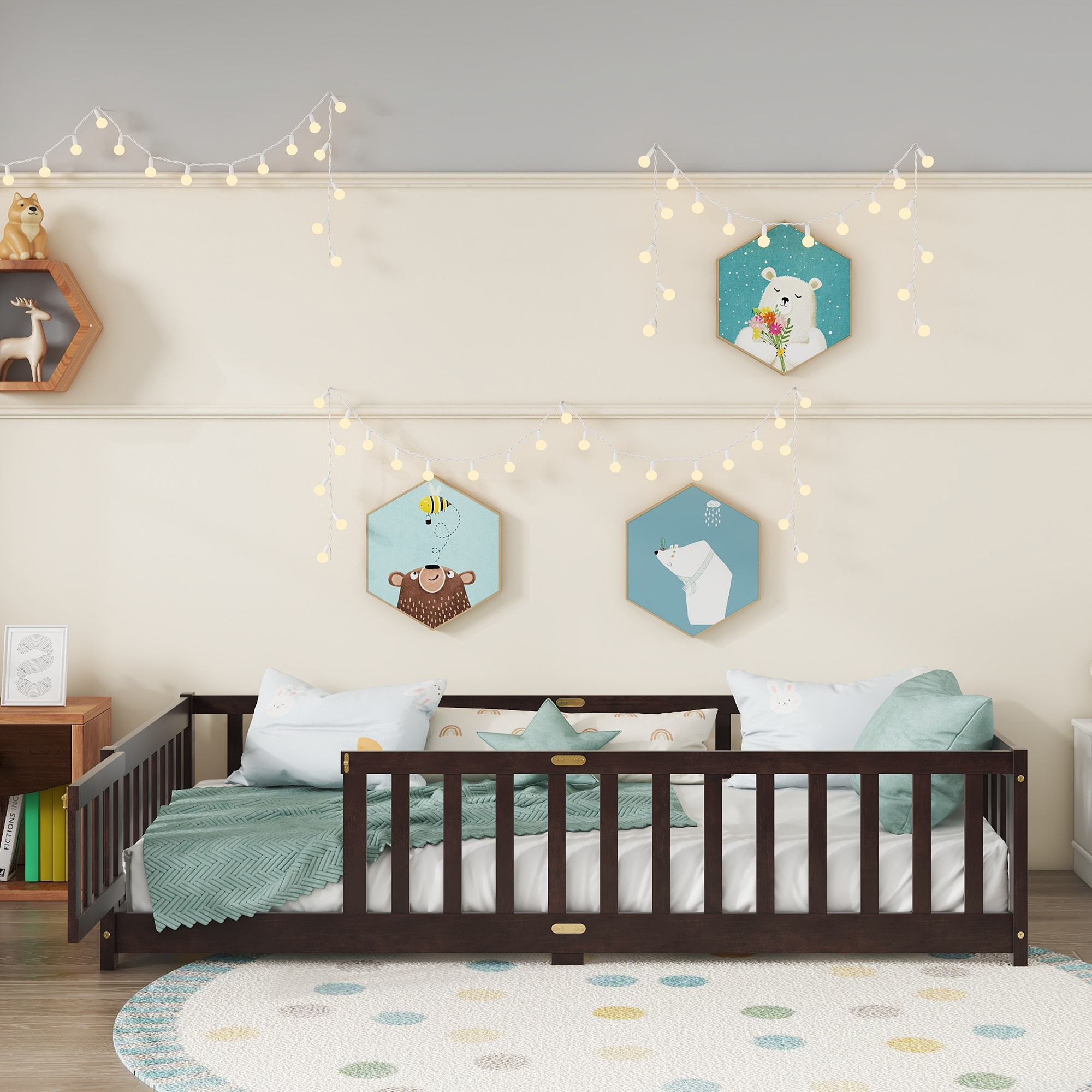 Alvantor Twin Size Floor Bed for Toddler, Solid Wood Floor Bed with Door and Fence Guardrail, Montessori Floor Bed for Boys, Girls,Espresso
