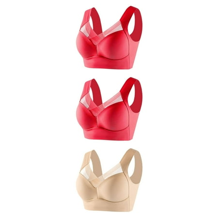 GERsome Wireless Bras for Women Pack of 3 Assorted Color Seamless Full Coverage Comfortable Soft V Neck No Underwire Support Push Up Everyday Bra 3pcs-2Red/Beige XXXL
