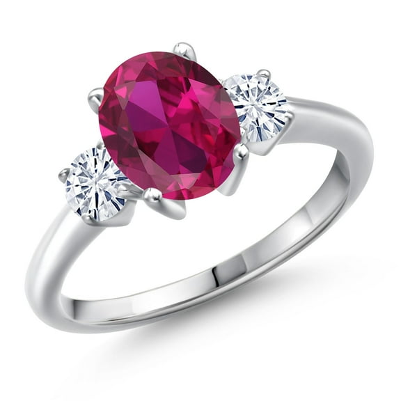 Gem Stone King 925 Sterling Silver Red Created Ruby and White Moissanite Engagement Ring for Women | 2.46 Cttw | Oval 9X7MM | Gemstone July Birthstone | Size 5