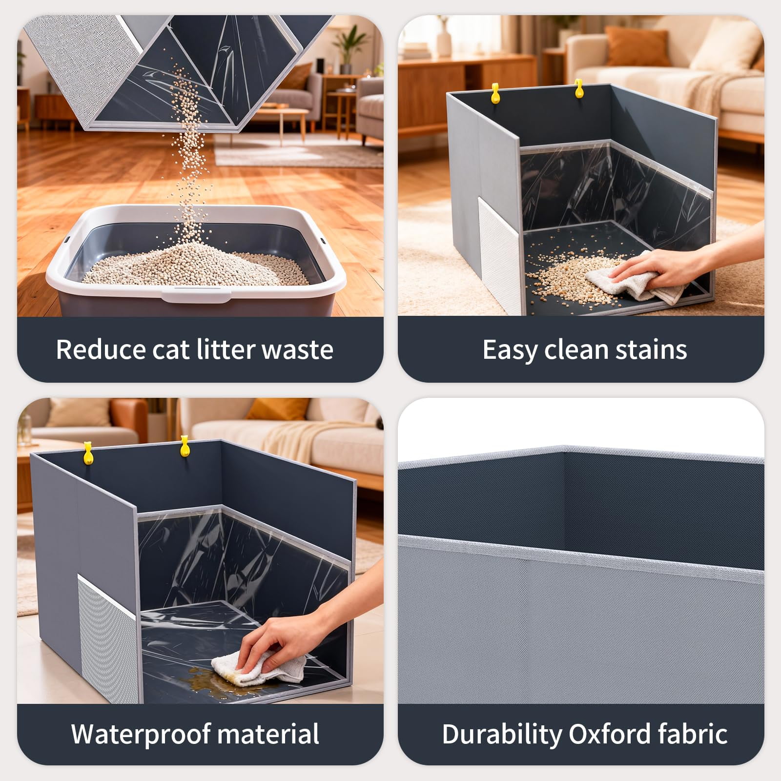 Aokeyee Cat Litter Box Enclosure Splash Guard with Removable PVC Mat Large Waterproof Litter Box Enclosure Foldable Pet Litter Box Shield with 2 Hooks