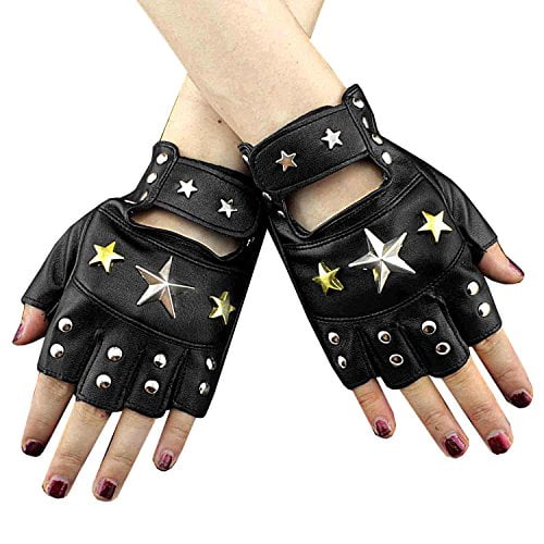 Womens Fingerless Leather Gloves Star Studded Dancing Driving Rock Punk Cool Black One Size
