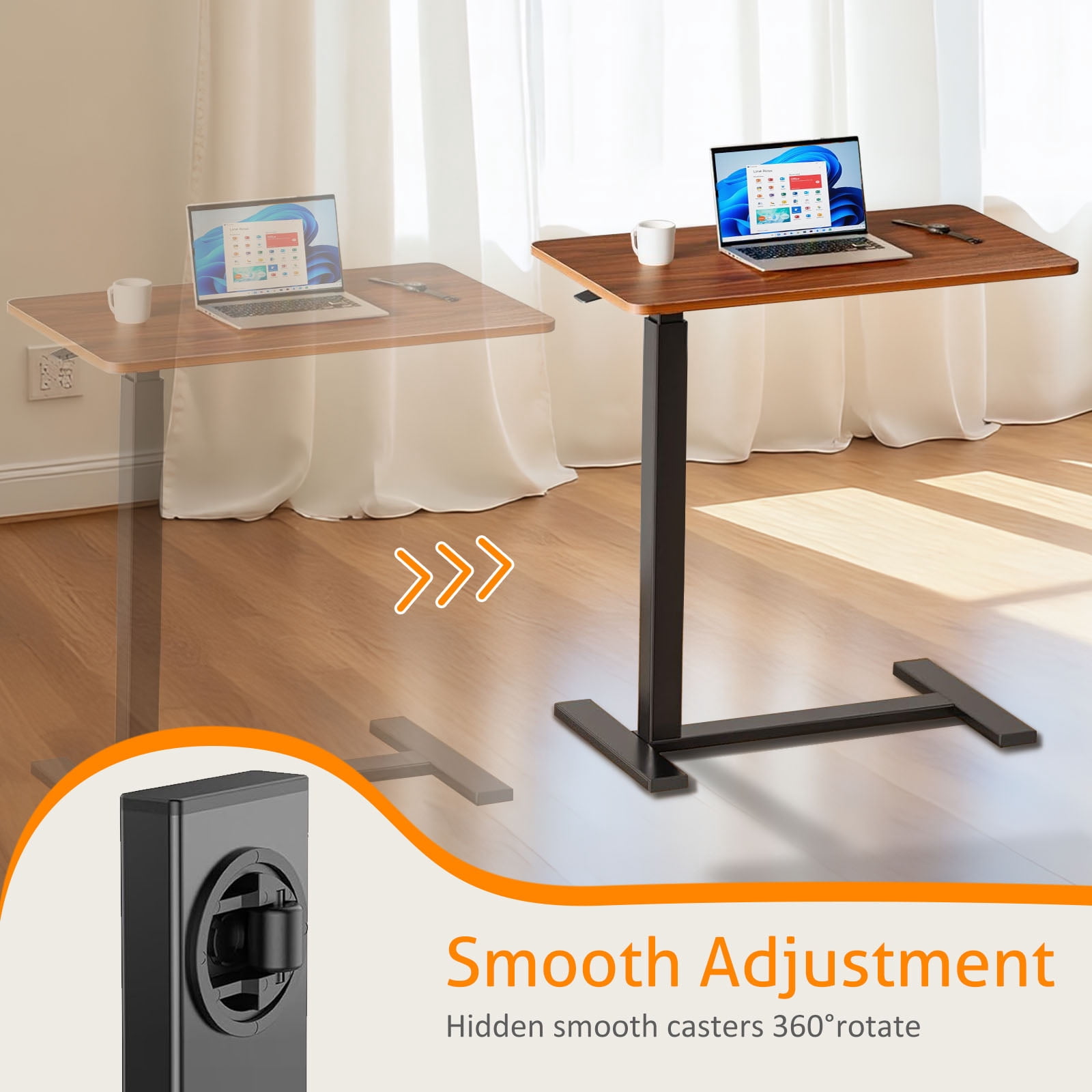 ACCVER Adjustable Overbed Table with Wheels for Hospital and Home Use, Rolling Laptop Desk and Mobile Standing Desk Portable Convenient Height, Brown