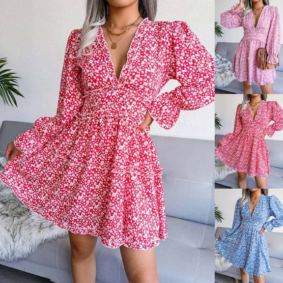 ClodeEU Womens Long Sleeves Chiffon Print Mini Dresse,V-Neck Pleated Spring Summer Dress Pink,Womens Plus XL