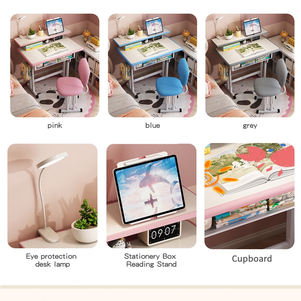 Kids Study Desk and Chair Set, LVYUAN Children School Drawing Desk Chair Set Height Adjustable Ergonomic Table and Chair Set with LED Lamp, Book Stand, Storage Drawer, Hook Pink