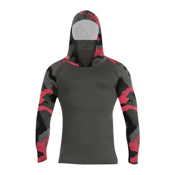 Domuza Men's Hooded UPF Rash Guard Long Sleeve Quick Dry Lightweight Cooling Sun Protection Fishing Shirt with Face Mask Pink 2XL