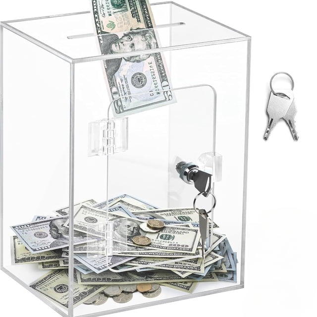Caja de donación de acrílico transparente con cierre y soporte para letreros de 26,6 cm