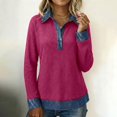 thumbnail image 7 of Trendfront Womens Denim Patchwork Knit Tops Lapel Collar Casual Loose Fit Long Sleeve Tee Trendy Fashion T Shirts Pullover Daily Outfits, 7 of 7