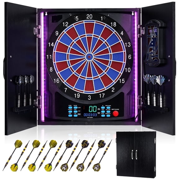 Yirinatek Electronic Dart Board, Electric Dartboard Cabinet Set for Adults [6 Soft Tip Darts]  Individual Light Color for Each Player- Wooden Dartboard Cabinet for Family Game [Black]
