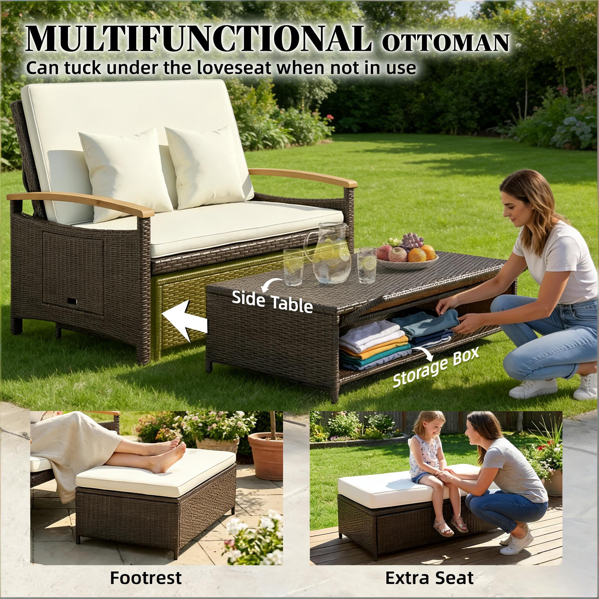 4-in-1 Rattan Outdoor Daybed with 4-Level Adjustable Backrest, Storage Ottoman and Side Tables