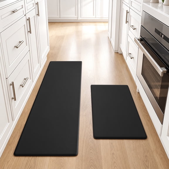 Buganda Kitchen Rugs and Mats, Sets of 2 Non Slip Waterproof kitchen Rugs, Anti Fatigue Kitchen Mats for Floor, 17.3"x48" 17.3"x29", Black