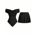 thumbnail image 2 of Black Off-Shoulder One-Piece Swimsuit With Skirted Bottom, 2 of 30