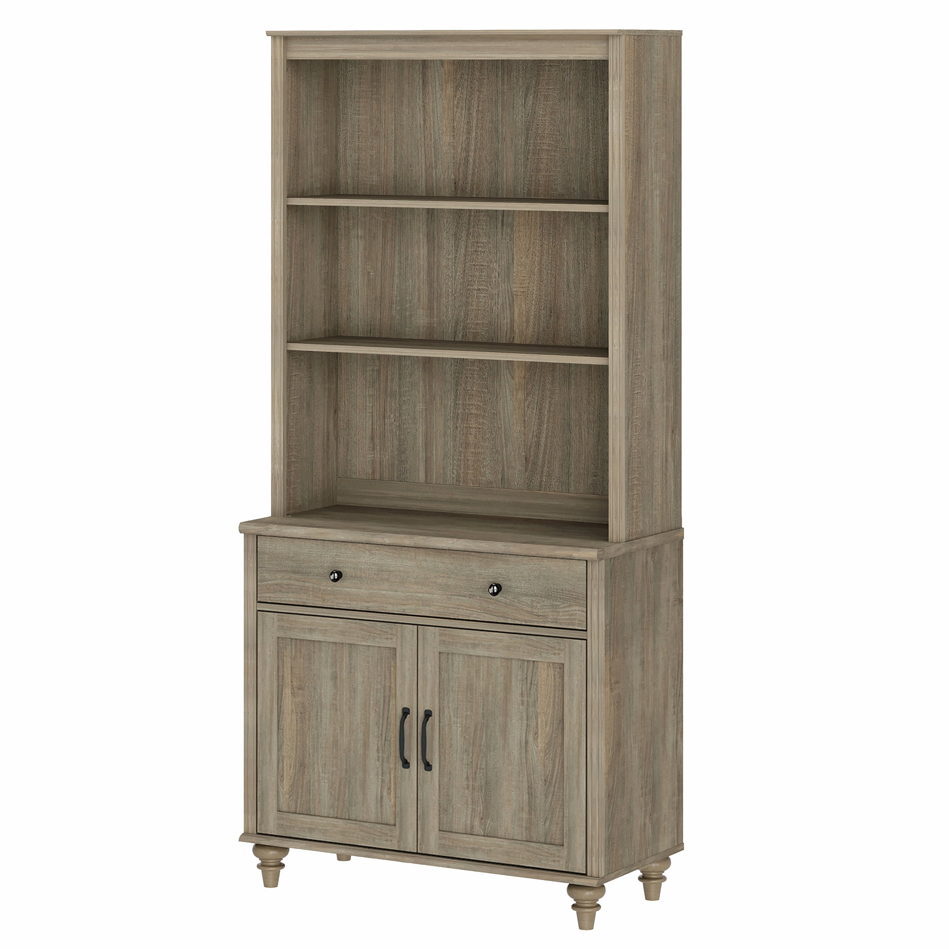 Farmhouse 5 Tier Bookcase With Drawer & Doors, Wash Gray, 33.9" W