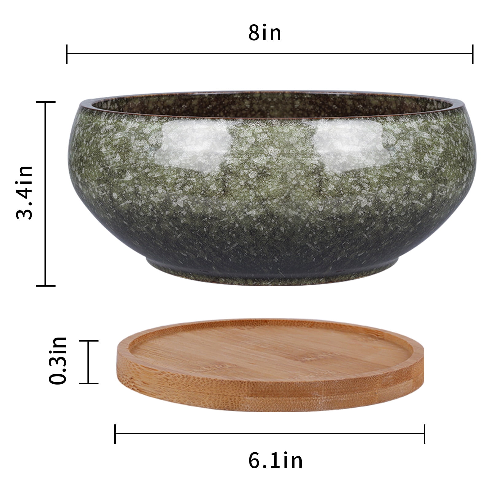 Ordivic 8  inch Green Ceramic Planter with Drainage Hole & Saucer,Shallow Plant Pots for Bonsai Trees Cacti Housewarming Gift Home Decor