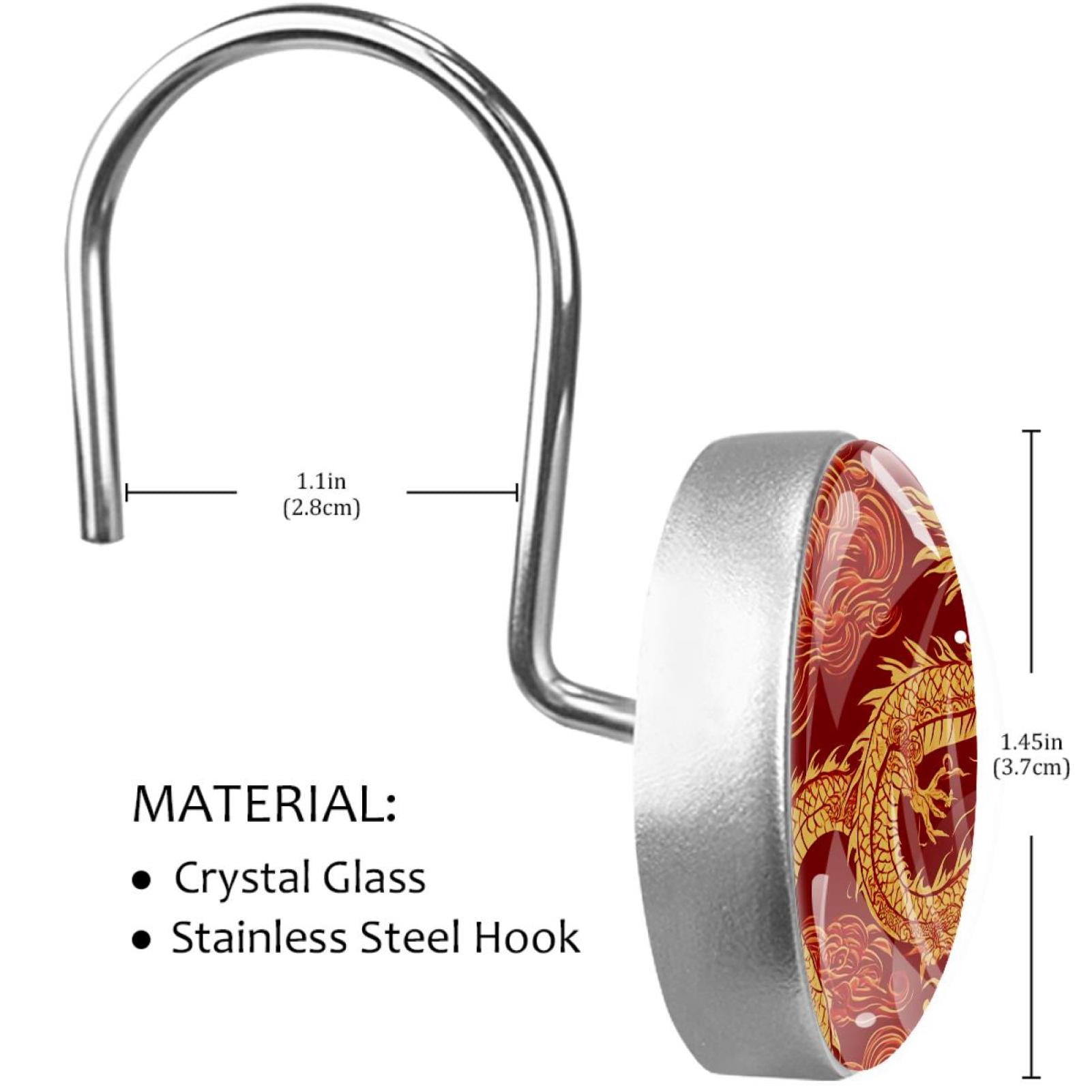 Gold Dragon Red Cloud Pattern Shower Curtain Hooks Round Crystal Glass, Set of 12 Shower Curtain Rings - Shower Hooks for Curtain Shower Rings