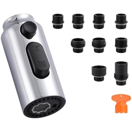 [New Upgrade] Pull Down Faucet Sprayer Head Replacement, Stainless Steel Chrome 3 Function Pull Out Spray Nozzle with 9 Adapters for Moen Kohler Delta G1/2 Male Connector Faucet