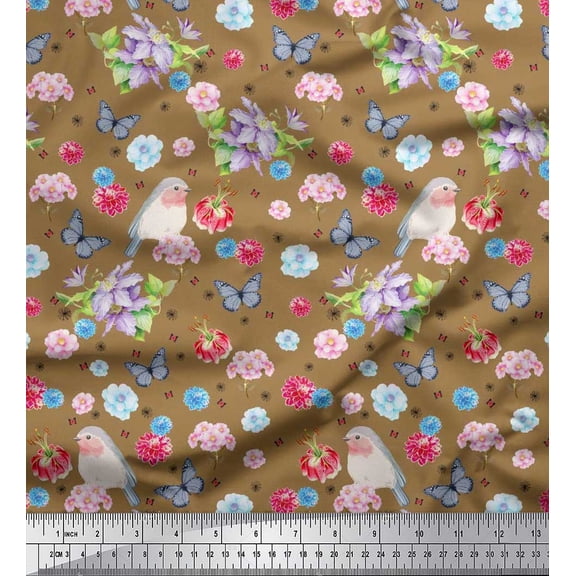 Soimoi Japan Crepe Satin Fabric Butterfly,Robin & Dahlia Floral Decor Fabric Printed Yard 42 Inch Wide