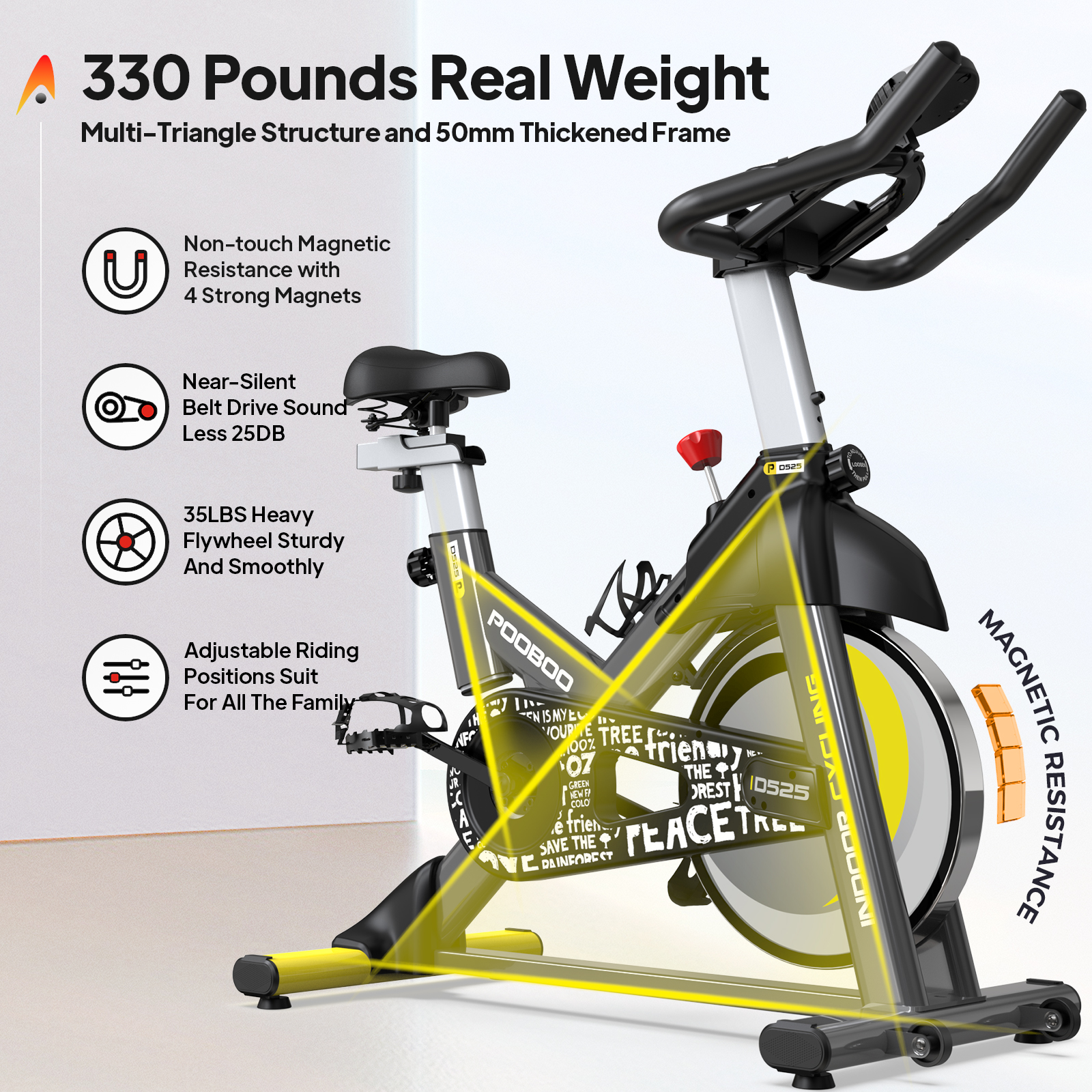 Pooboo Stationary Exercise bike Magnetic Resistance Cycling Bicycle with LCD Monitor for Indoor Cardio Workout 35 Lbs Flywheel Max Weight 330 Lbs - image 5 of 11