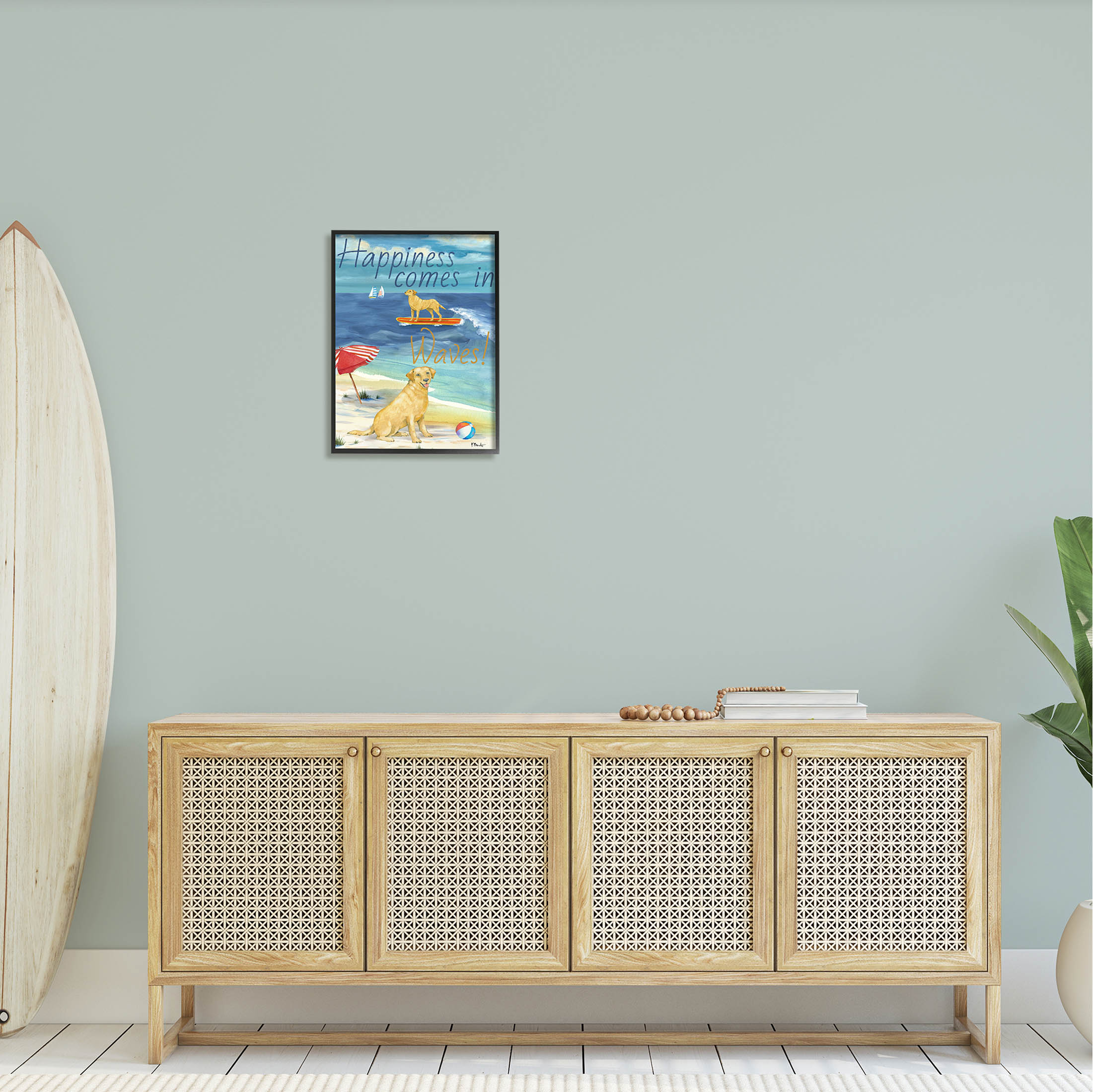 Stupell Industries Surf Pup Happiness in Waves Graphic Art Black Framed Art Print Wall Art, Design by Paul Brent