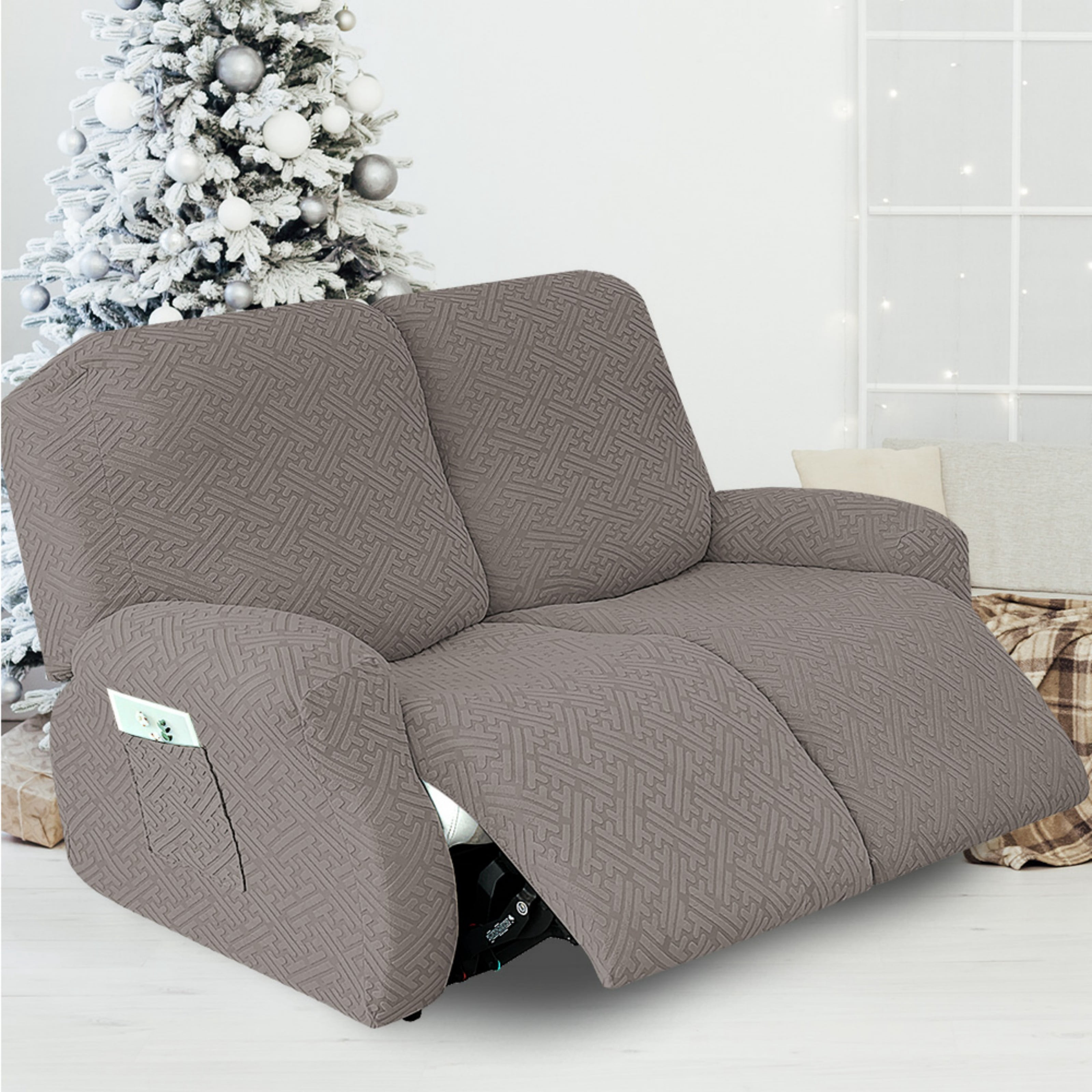 Lavish Cover Stretch Recliner Loveseat Cover, Non-Slip Slipcovers for Recliner Loveseat, Washable Furniture Protector with Pocket & Elastic Bottom for Kids Pets, 2 Seaters, Gray Green