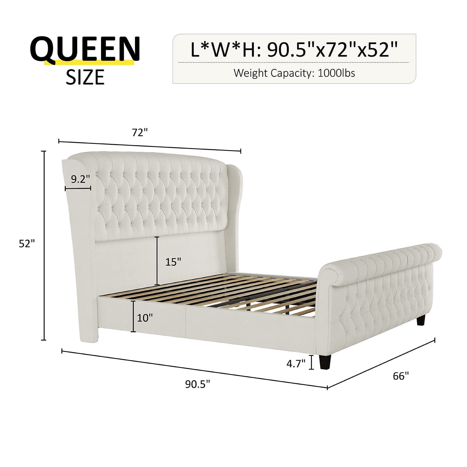 VanAcc Queen Size Platform Bed Frame, Chenille Upholstered Sleigh Bed Frame, Cream