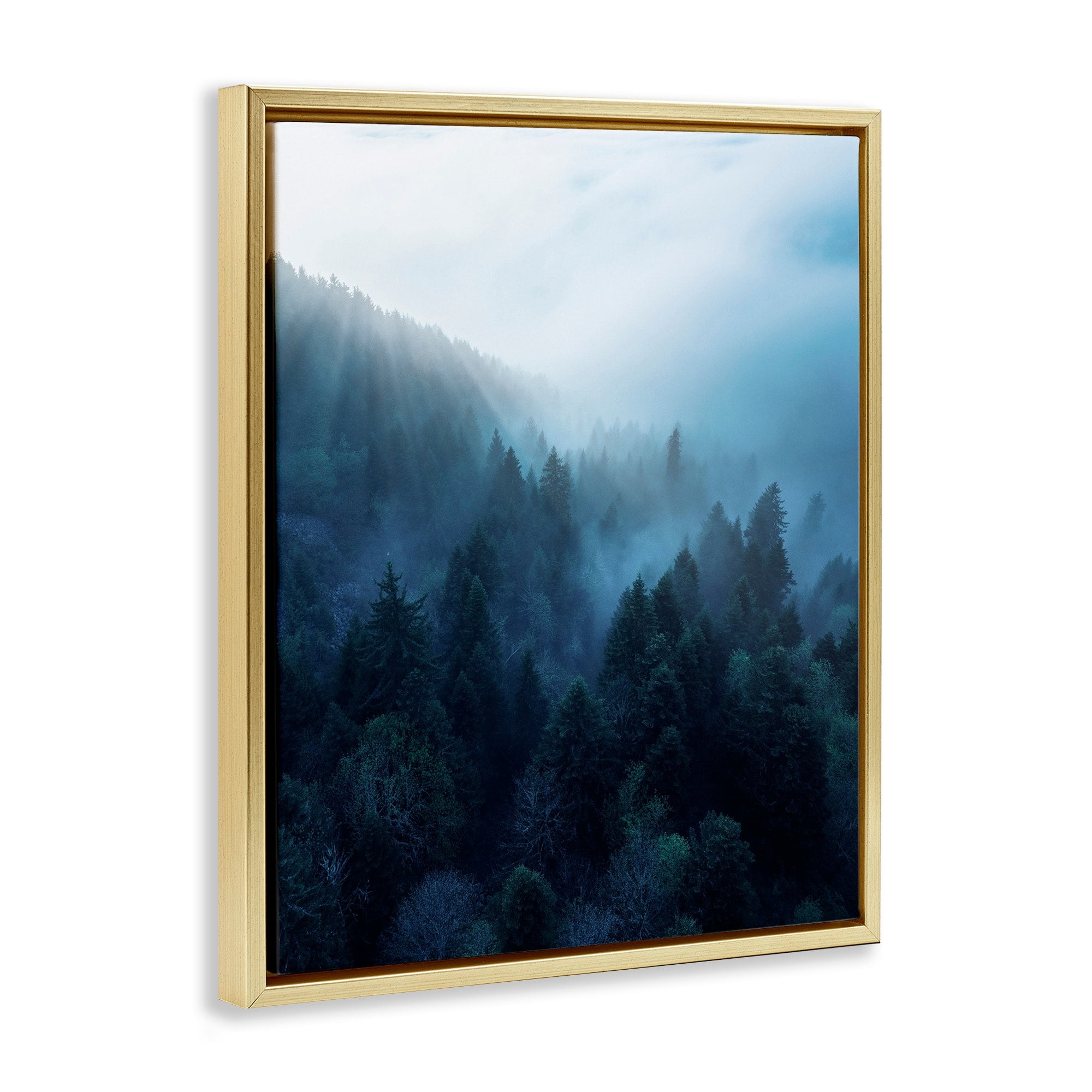 Stupell Industries Daylight over Pine Forest Mountain with Fog Metallic Gold Framed Floating Canvas Wall Art, 16x20, by Unsplash