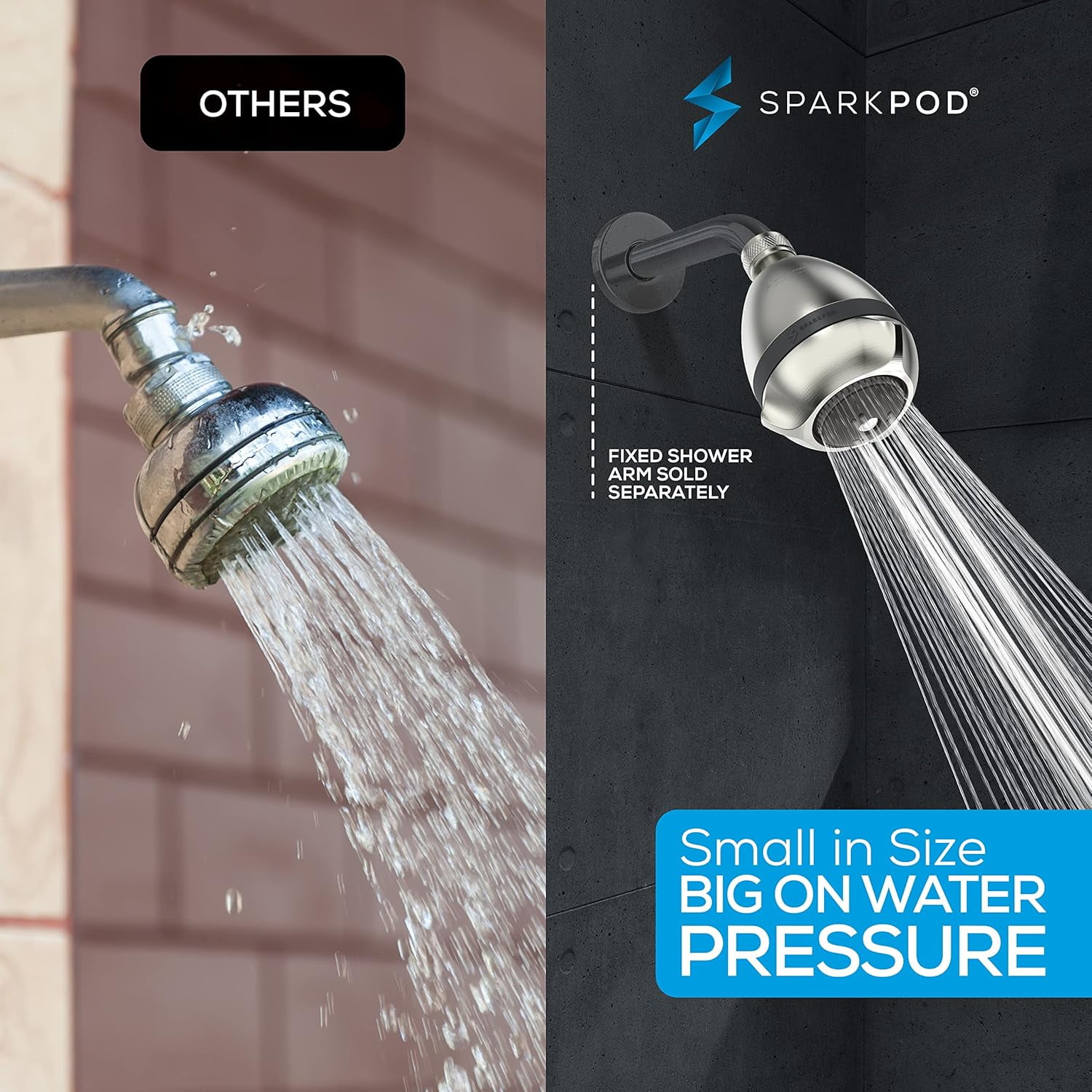 SparkPod High Pressure Shower Head - Rain, Massage & Pulsating Modes, Water-Saving, Wall Mount (Brushed Nickel)