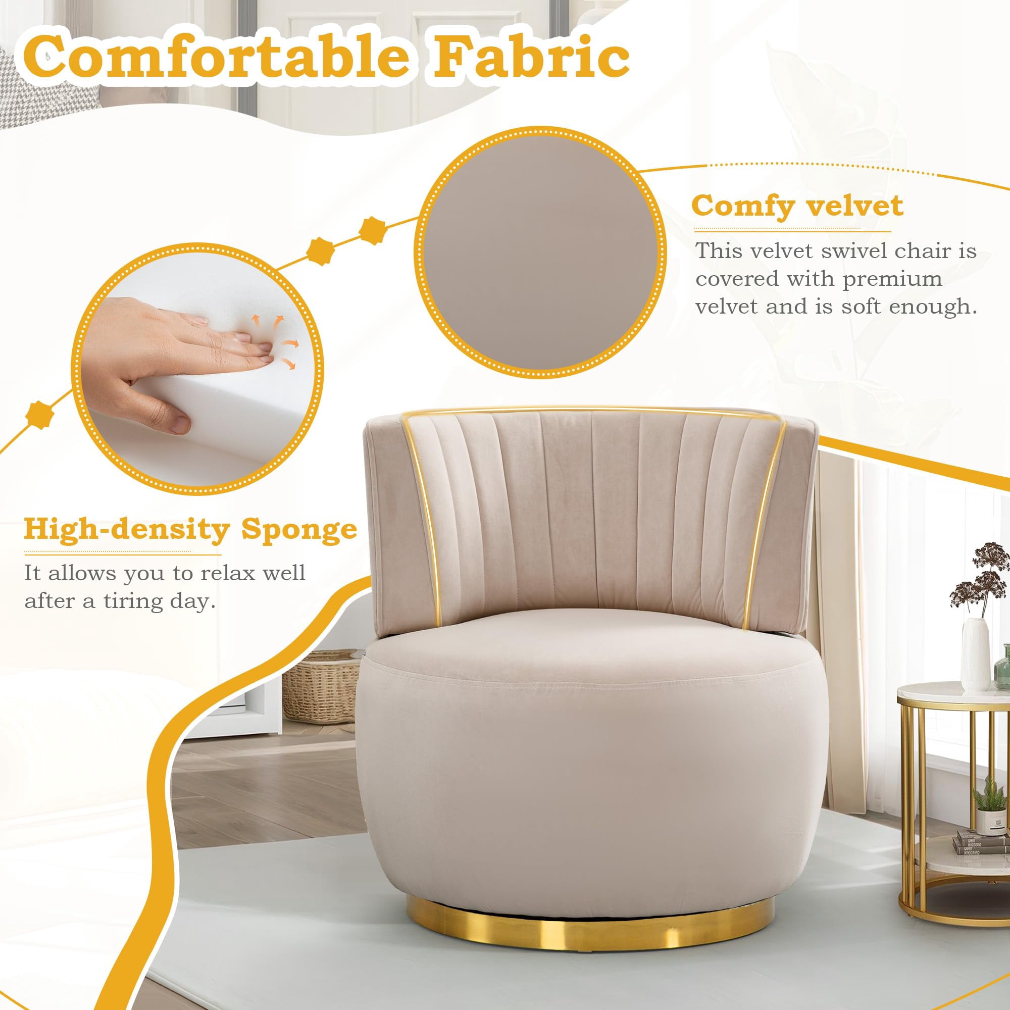 Aukfa 360-Degree Swivel Barrel Chair, Modern Velvet Round Accent Chair for Nursery and Living Room, Beige