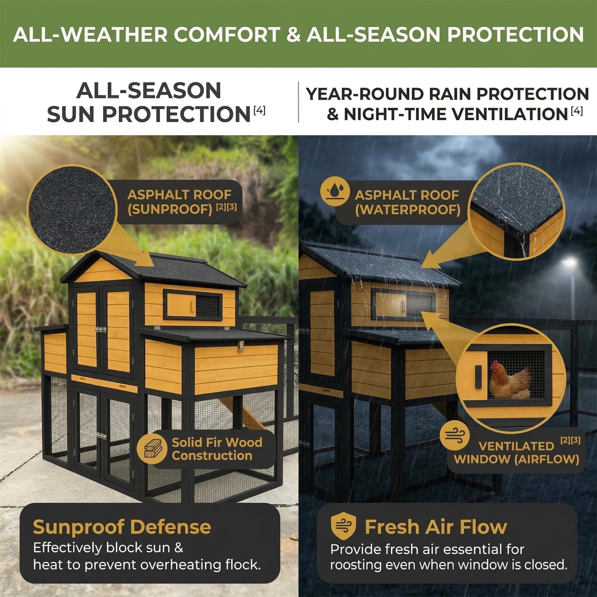 Aukfa 150" Extra Large Chicken Coop Wooden 2 Tier Chicken Run Cage with 4 Nesting Boxes, Waterproof Roof for Outdoor, Backyard, Black