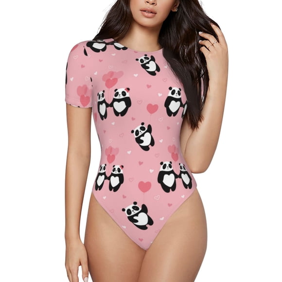 Bingfone Justaucorps à Col Rond pour Femme à Motif Panda de la Saint-Valentin, Justaucorps Ajusté à Manches Courtes avec Boutons-Pression, Convient pour les Fêtes, le Sport, le Quotidien - X-Grand