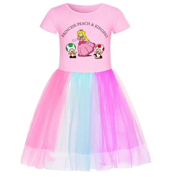Super Mario Peach Princess Dress Rainbow Lace Kids Dress