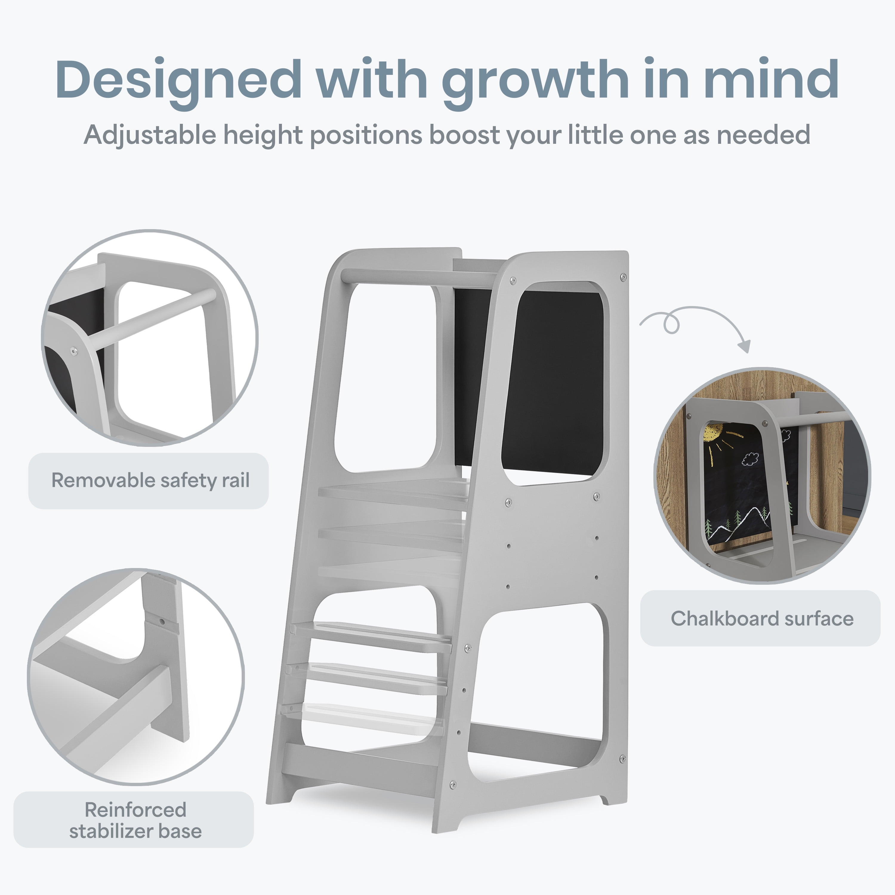 Dream On Me Explora Tower & Step Stool, Anti-slip Base, Multipurpose Kids Step Stool, Pebble Grey