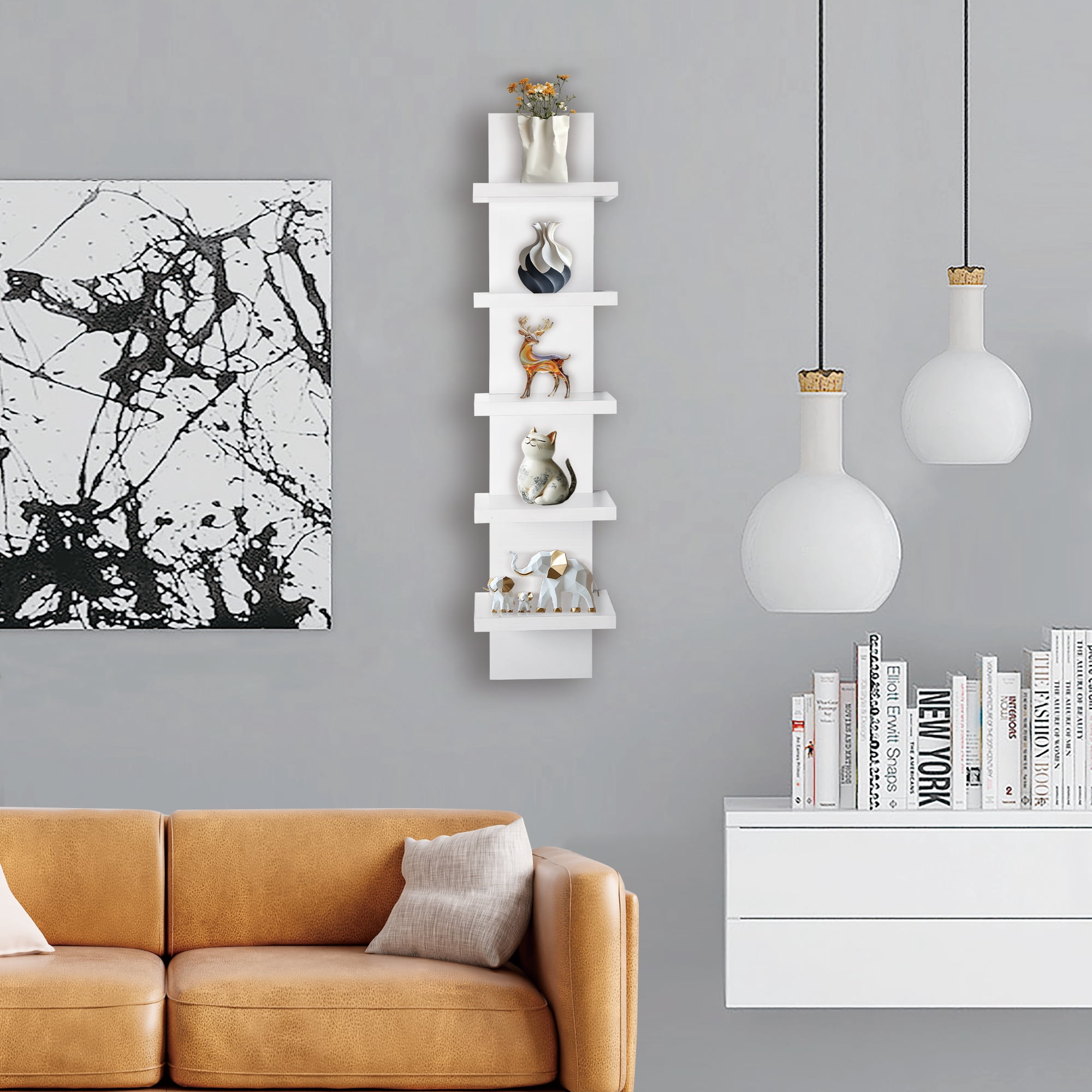5 Tier Wall Shelf Unit, White Wall Shelf, Multifunctional Display Floating Shelf, Bedroom and Home Decor Organizer