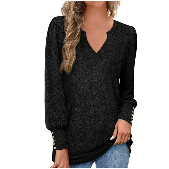 Patlollav Blouses Women Long Sleeve Solid Color Comfortable Breathable V-Neck Shirt Tops