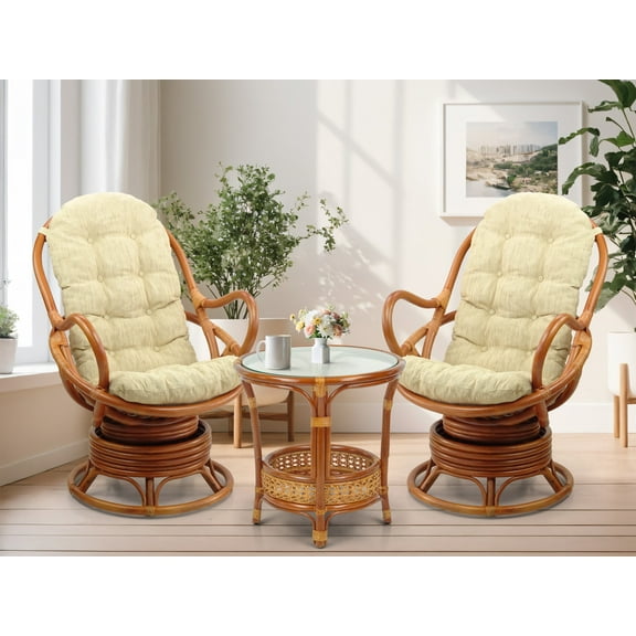 Wickerix Set of 2 Swivel Rocking Java Lounge Chair Natural Rattan Wicker Handmade w/Cream Cushion and Round Coffee Table, Colonial