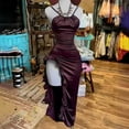 thumbnail image 2 of Cut out Dresses Lady Women's Spaghetti Strap Satin Dress, Backless Drawstring Ruched Lace Split Midi Dress Evening Party Halloween Costumes Purple XL, 2 of 8