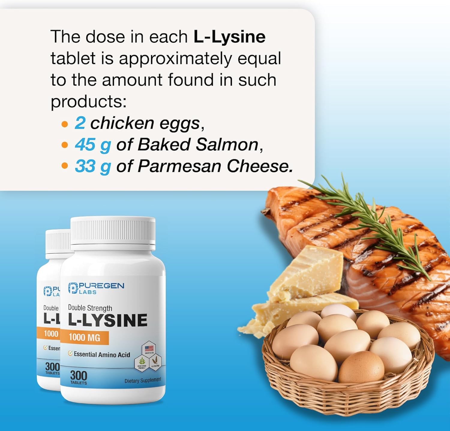 Puregen Labs L-Lysine Extra Strength 1000 MG per Tablet - 300 Servings | High Potency, Immune and Collagen Synthesis Support, Non-GMO, NO Gluten and Dairy - 300 Tablets - Made in USA – 1PK