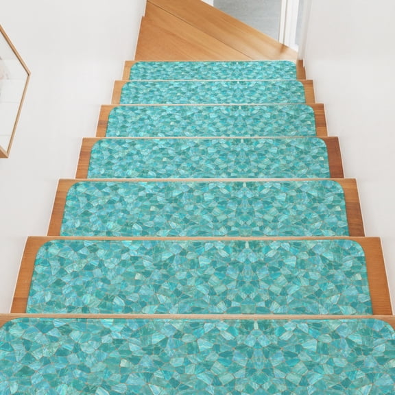 Stair Treads for Wooden Steps Indoor, Turquoise Shattered Glass Pattern Stair Tread 4 Pack Non Slip Carpet Stair Tread Mat Coastal Shiny Tile Staircase Step Treads for Kids Elders Dogs 8"x30"