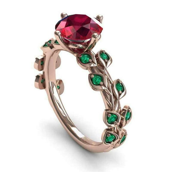 Red Flower Green Leaf Diamond Ring Copper Rose Gold Tone Elegant Jewelry for Women Size 6 7 8 9 10 Elegant Gift